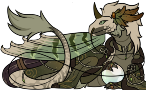 A Beige/Swamp/Beige Pearlcatcher with Giraffe/Peregrine/Thylacine laying on its side wearing the supplicant apparel and a date plumed headdress