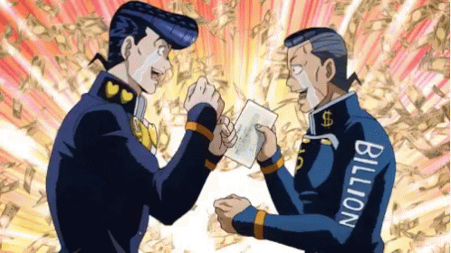 Josuke and Okuyasu so excited by the prospect of becoming rich they start lightly punching each other