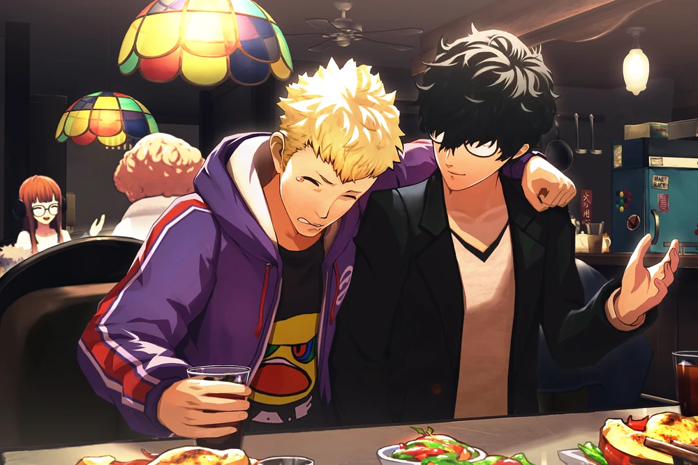 Joker consoles Ryuji as Ryuji puts his arm around him