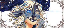 A drawing of an antlered creature with bright blue eyes and a playful expression (art by me). Click to follow them home...