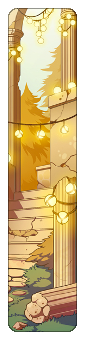 A vertical banner depicting Light territory. Warmly-colored lights are strung along crumbling steps of marble.