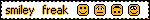 Smiley freak. Black text yellow stroke white background. Pixel smileys to right.
