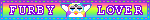 Furby lover. White text purple stroke rainbow background. Furby pixel art between words.