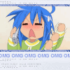 Konata freaking out on the phone. Omg omg omg marquee text.