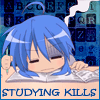 Konata with head on desk. Studying kills.