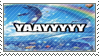 Yay stamp, dolphin leaping with rainbow.