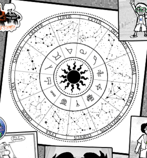 a cropped panel from Autopraxis featuring a wheel of 12 constellations with corresponding symbols around a symbol of a black sun