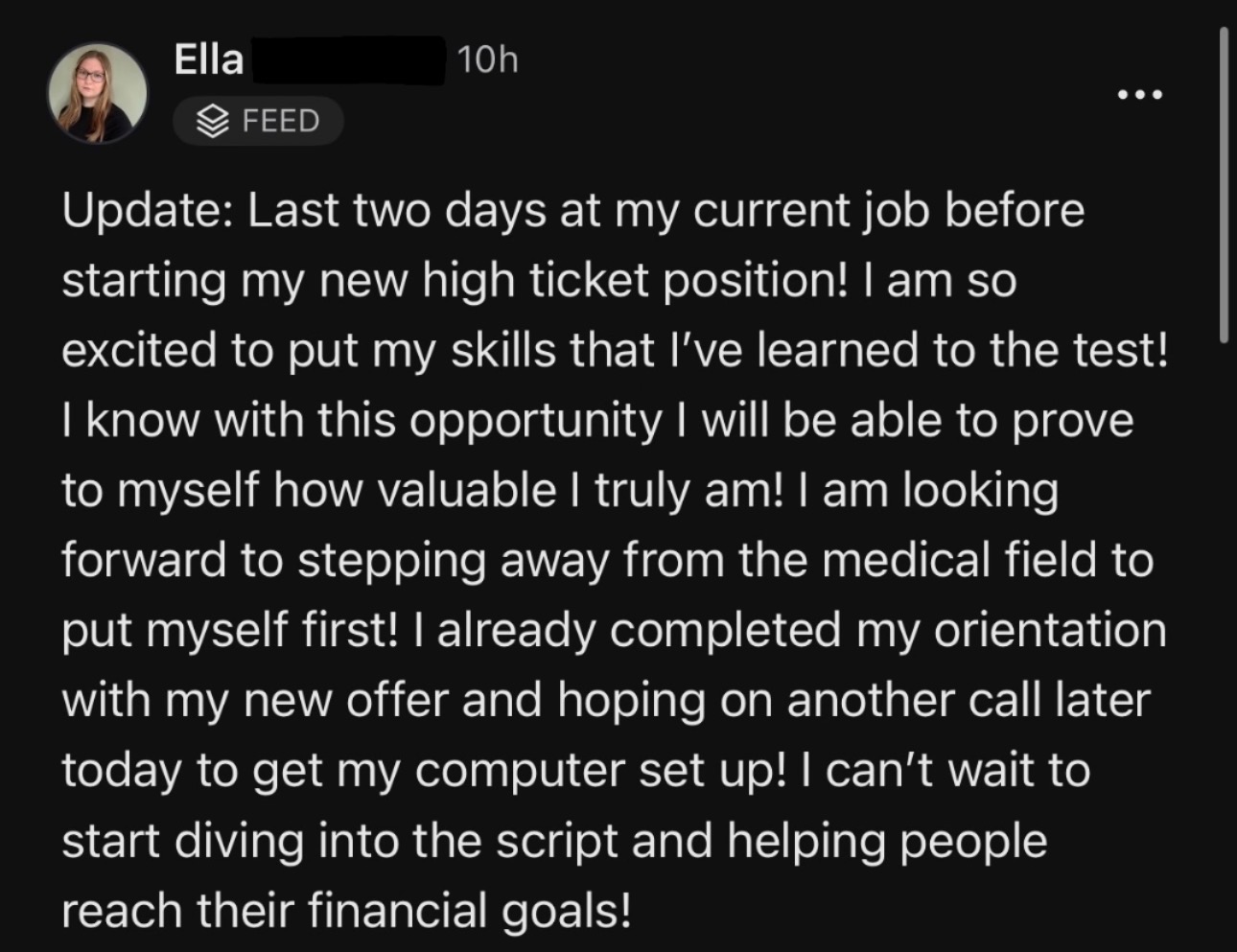 Ella shares her results and experience after completing the sales training