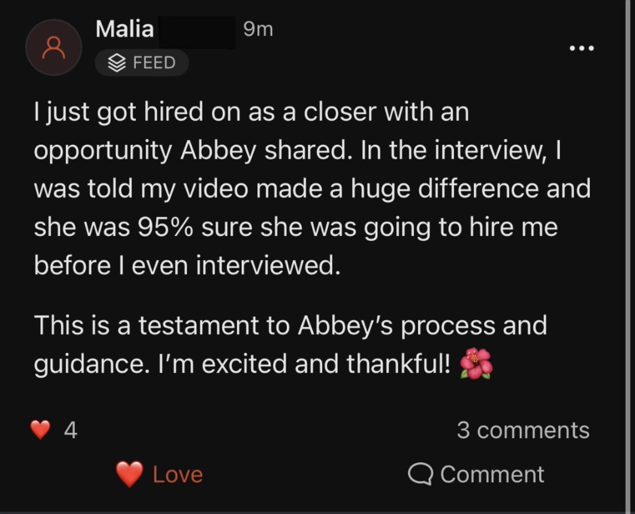 Malia hired in under 2 weeks