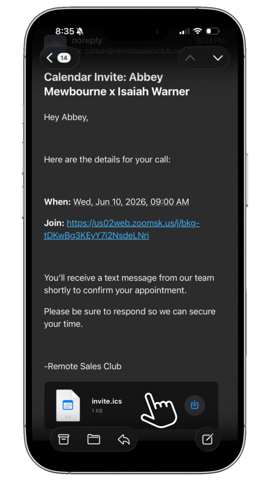 Calendar invite email preview