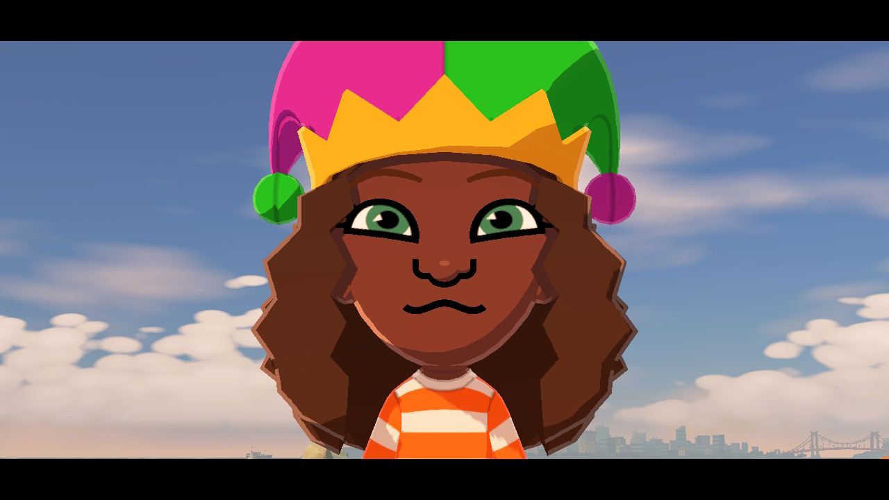 Keisha, a woman with dark brown skin, turquiose and brown eyes (which are only turquoise because tomodachi life in 2026 doesn't have central heterochromia) and darker brown hair, is standing still and wearing a pink, green and yellow jester hat. The picture is a screenshot from Tomodachi Life: Living the Dream