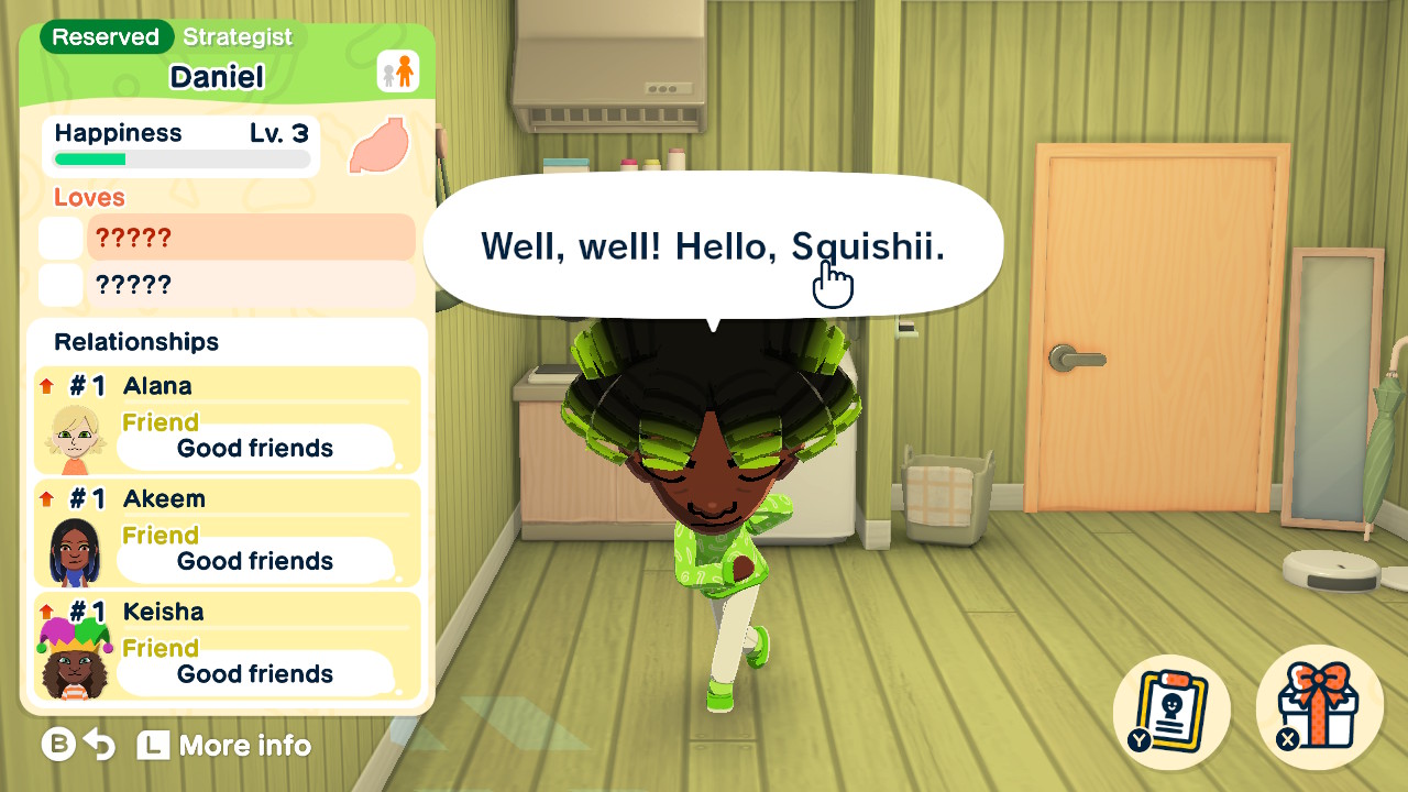 Daniel is a transgender man with short black locs with a green ombre. He is in default clothing that is green. He was captured mid bow