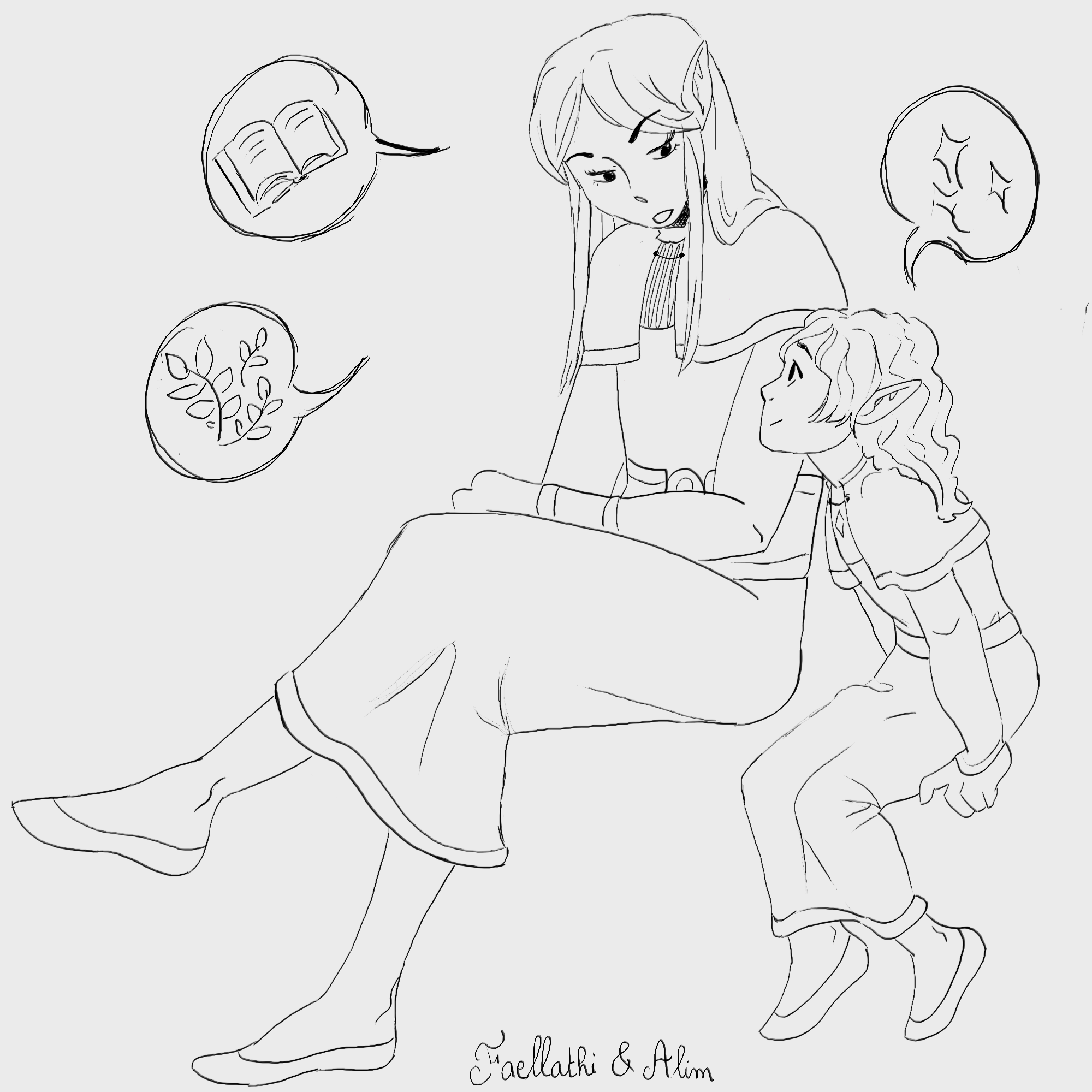 A digital drawing of two mage apprentices sitting next to each other, an older boy and a little girl. Speech bubbles filled with emotes show they talking about books, magic, and medicinal herbs.