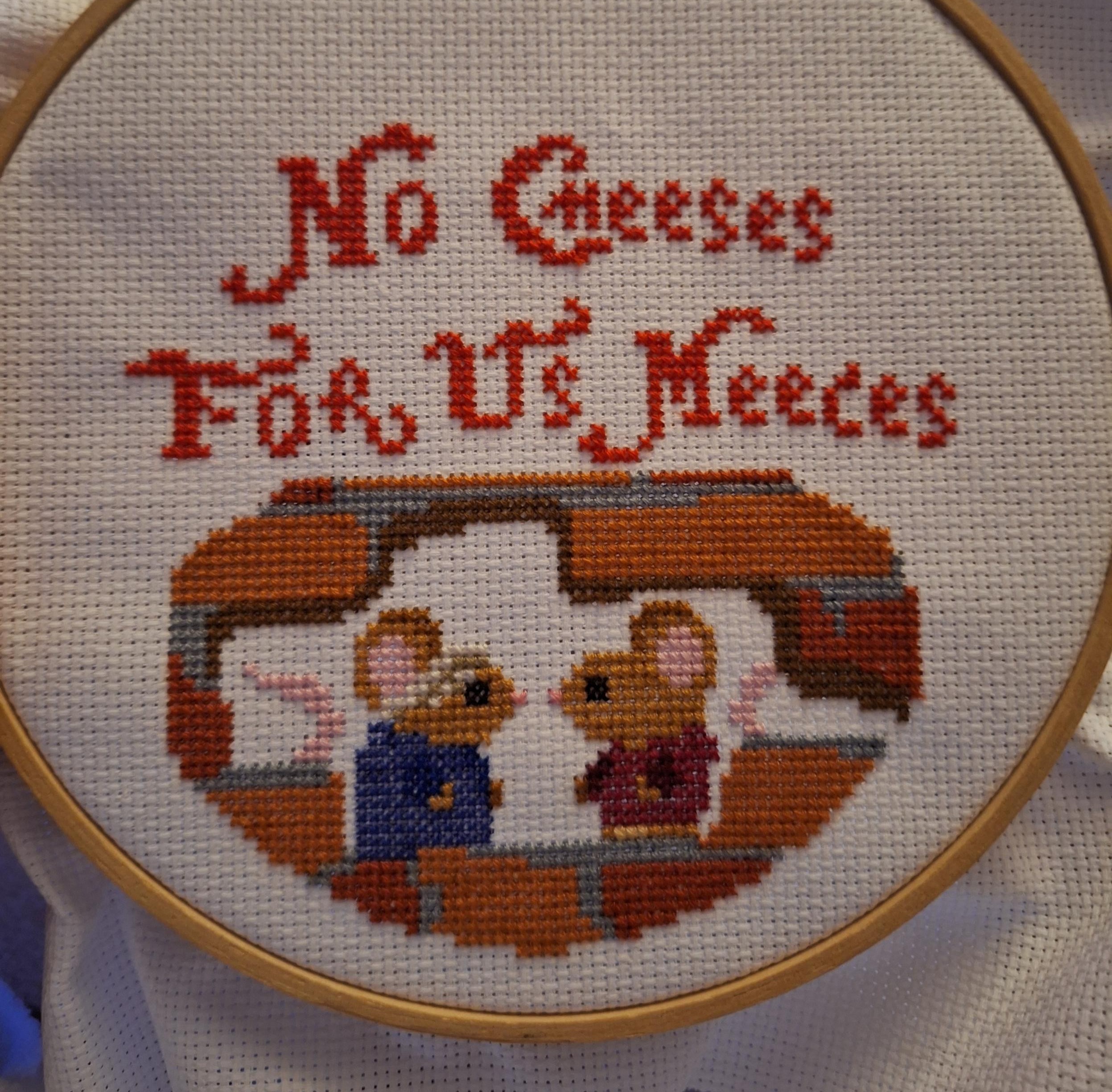 no cheeses for us meeces cross-stitch