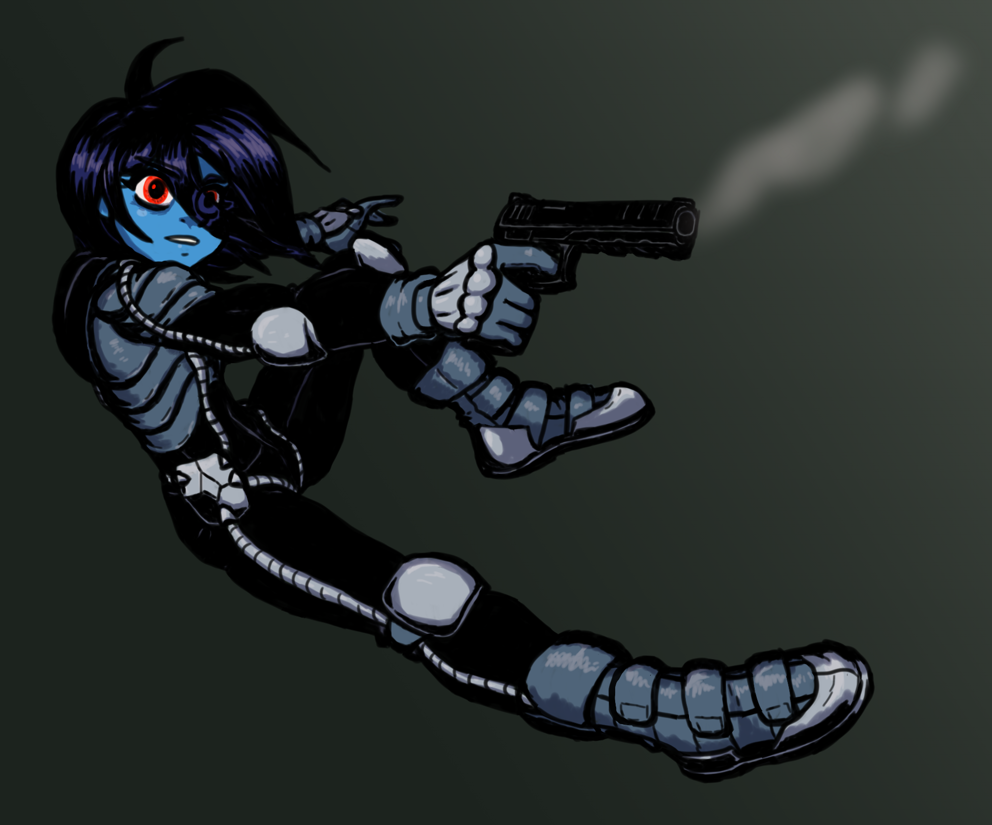 Kris Dreemurr from Deltarune, in a gray and black futuristic jumpsuit. They're diving backwards, aiming a smoking pistol in the direction they're diving away from.