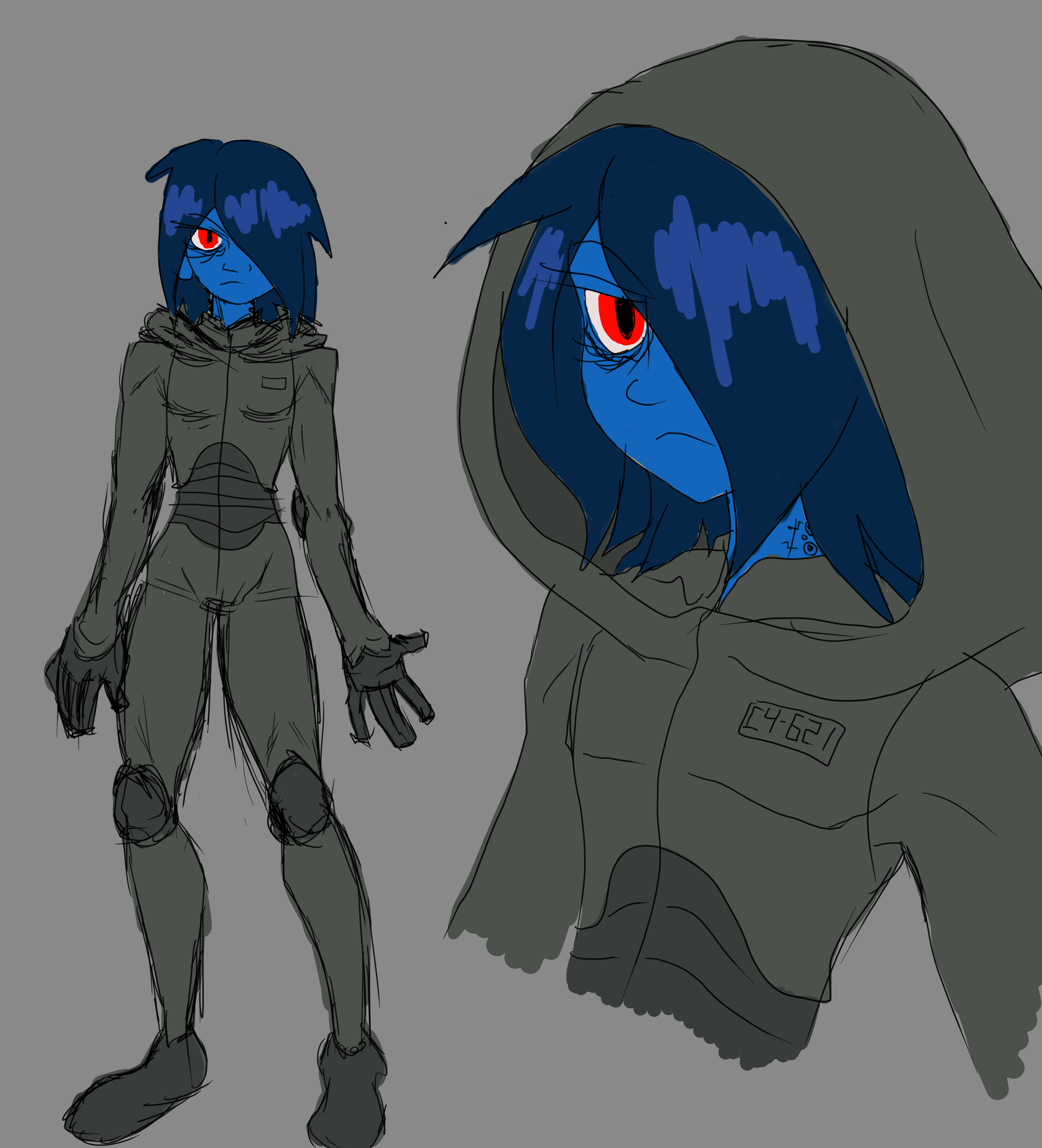 Kris Dreemurr from Deltarune, wearing a futuristic gray jumpsuit with a hood. Their skin is cyan as if they were in the dark world.