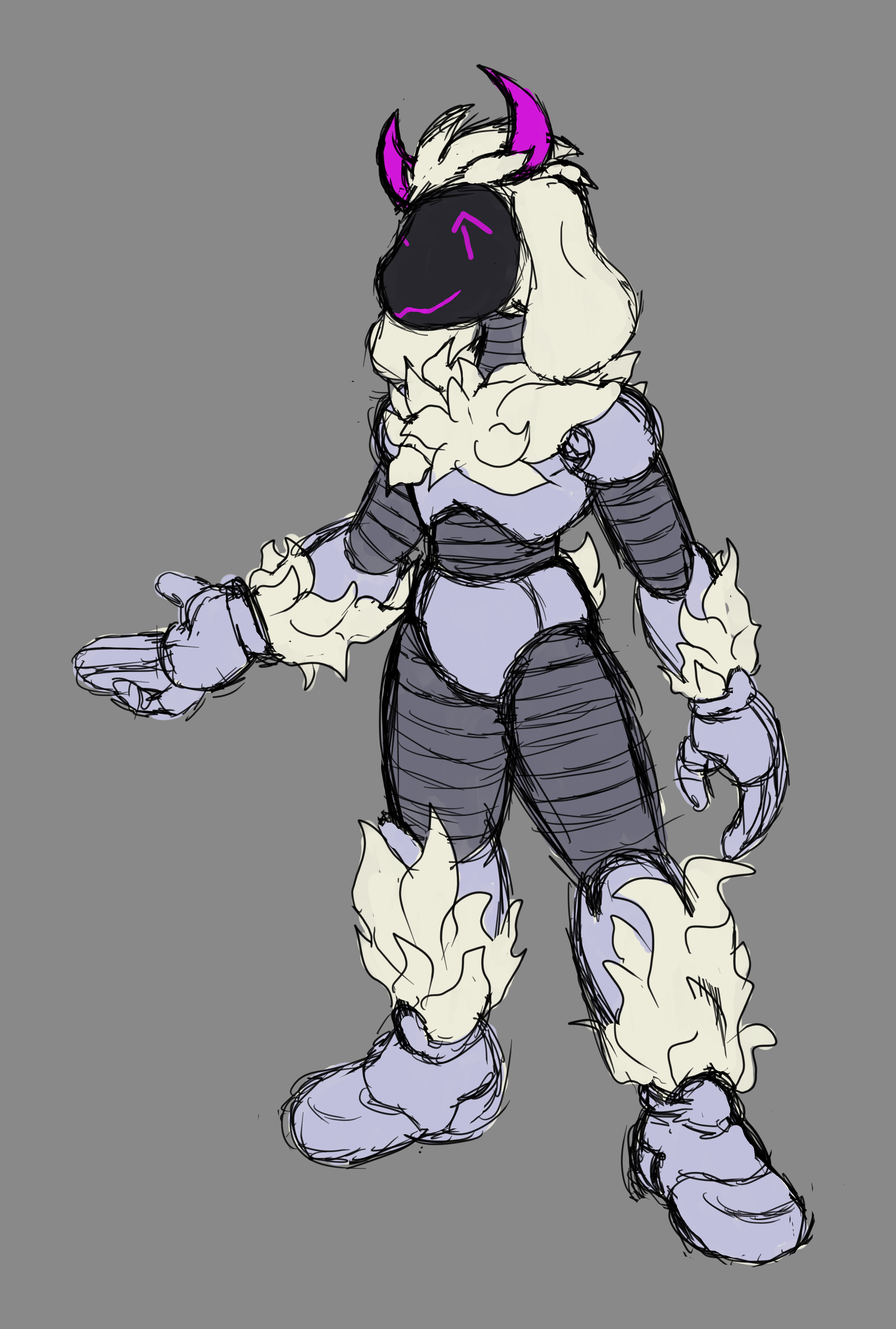 A robotic version of Ralsei from Deltarune. There's fake fur in places, and his face is a singular LCD-like display, similar to a protogen.