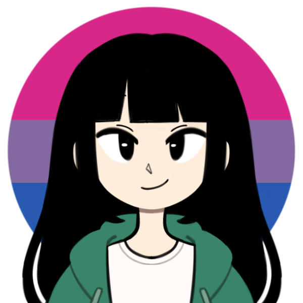 woman with long hair and straight bangs standing in front of bisexual pride flag