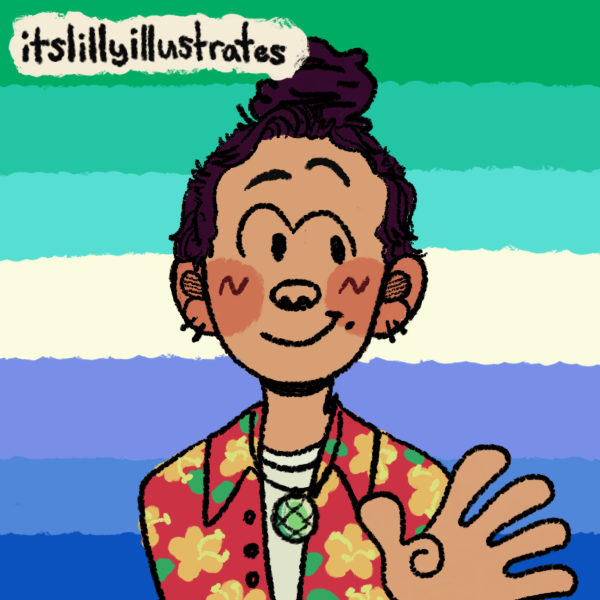 man in floral shirt with hair in bun standing in front of gay male pride flag