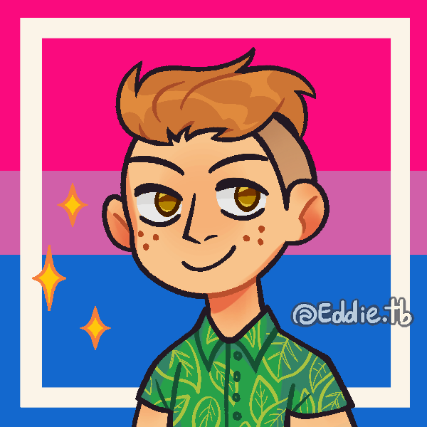 freckled boy with sides of head shaved in front of bisexual pride flag