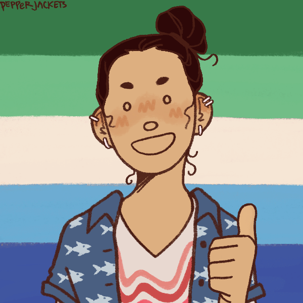 smiling man with hair in a bun holding thumbs up in front of gay man pride flag