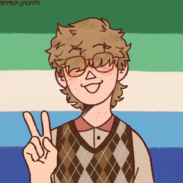 boy with messy hair that covers his eyes wearing big glasses and holding up peace sign