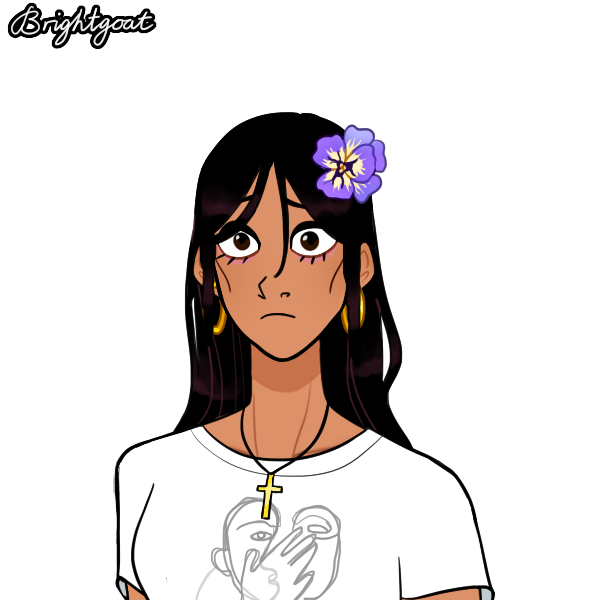forlorn woman with long hair wearing gross necklace and hair flower