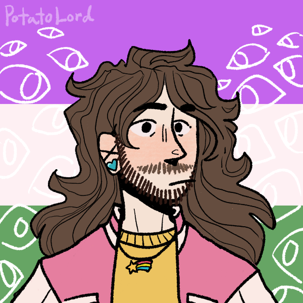 androgynous person surrounded by eyeballs in front of genderqueer pride flag