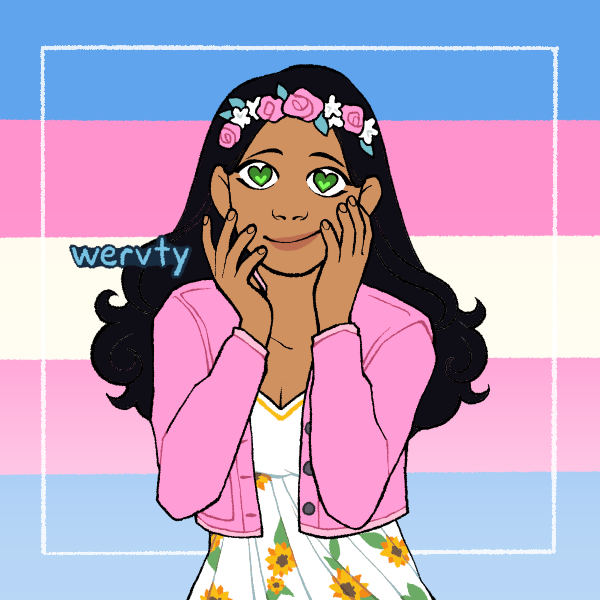 woman with flower crown in front of transgender pride flag