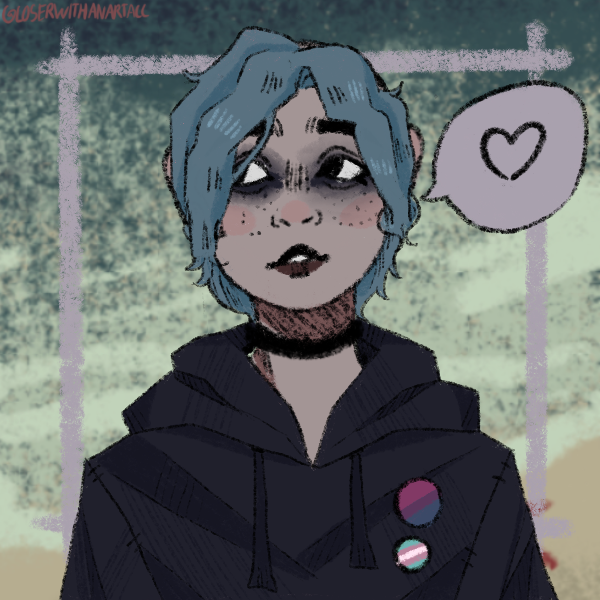 girl with blue hair wearing bisexual and transgender pride pins