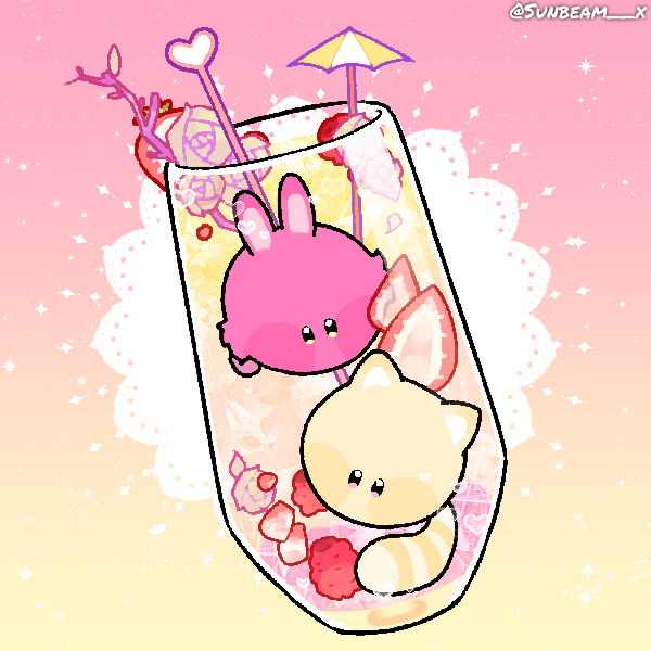 fruity peach-lemon-strawberry drink with two cute critters in the glass