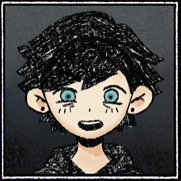 emo boy in all black open-mouth smiling