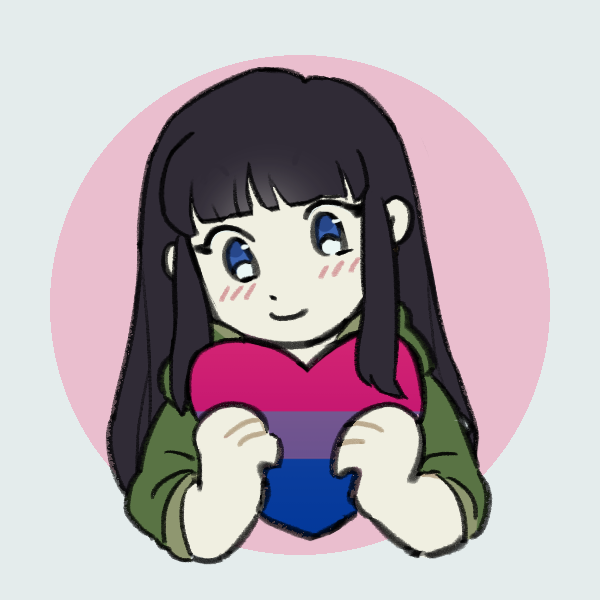 woman with long hair and straight bangs holding bisexual pride  heart