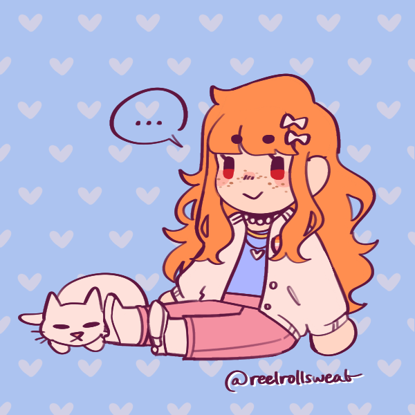 long-haired girl in pastel clothes sitting next to cat