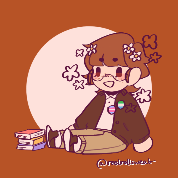 boy with flowers in hair wearing trans and gay male pride pins sitting next to pile of books