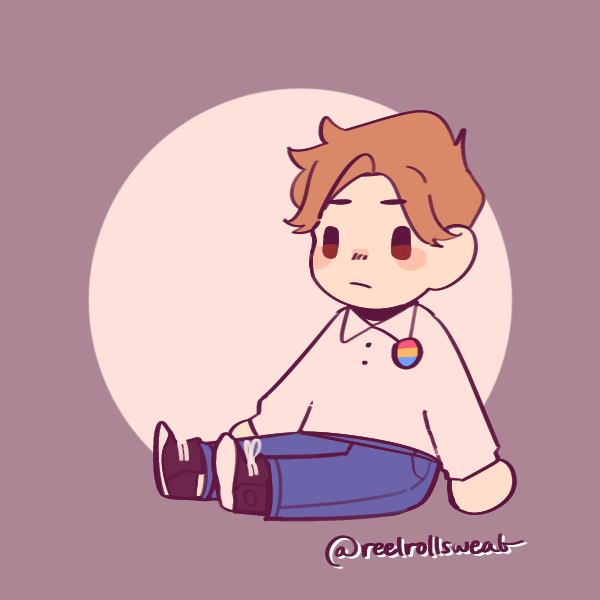 sitting stoic man wearing a pansexual pride pin