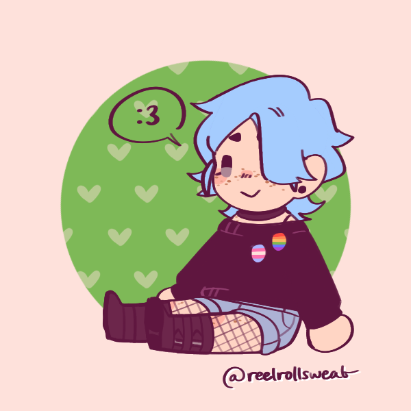 sitting blue-haired girl in fishnet leggings wearing gay and trans pride pins