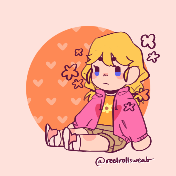 sitting blonde girl in pigtail braids with flat expression