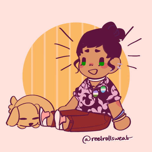 excited man with bun wearing floral shirt and pride pins sitting next to dog