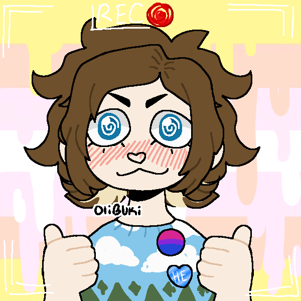 androgynous guy holding thumbs up in front of drippy pangender pride flag