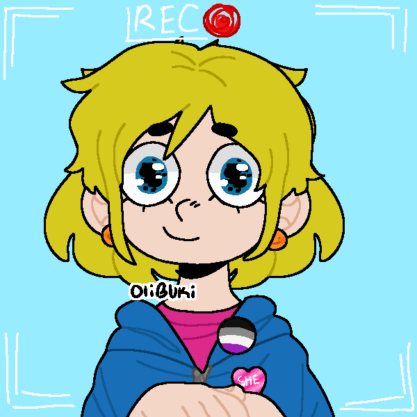 blonde girl in blue hoddie wearing asexual pride pin