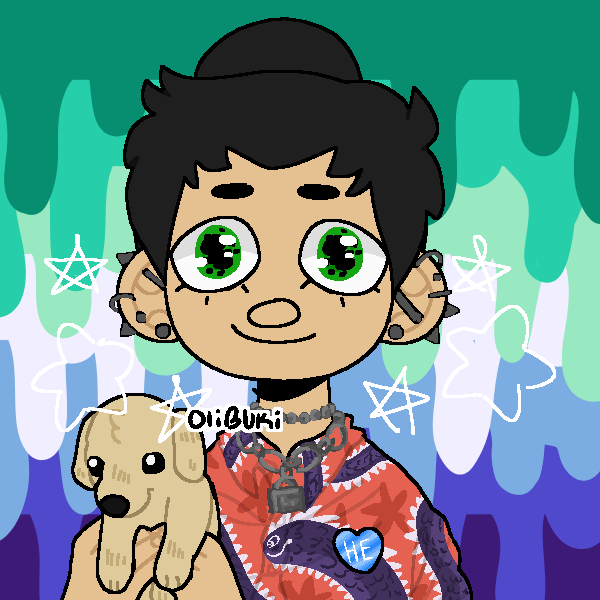 man with lots of piercings holding a golden retriever puppy in front of drippy gay male pride flag