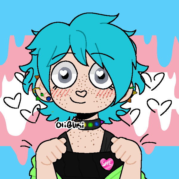 blue-haired girl wearing black-and-neon clothes in front of drippy trans pride flag