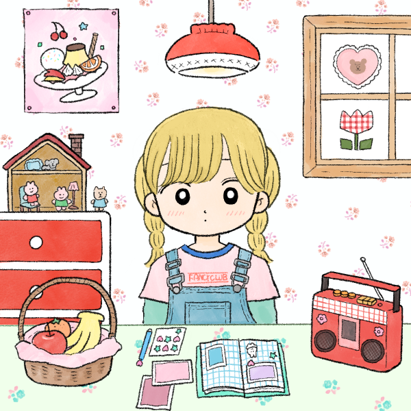 blonde girl with pigtail braids in front of art supplies