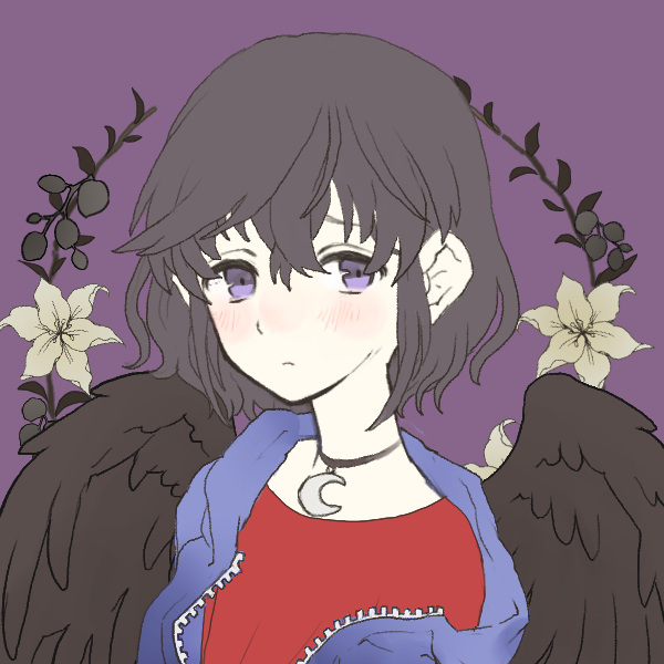 passive girl with black wings and purple eyes