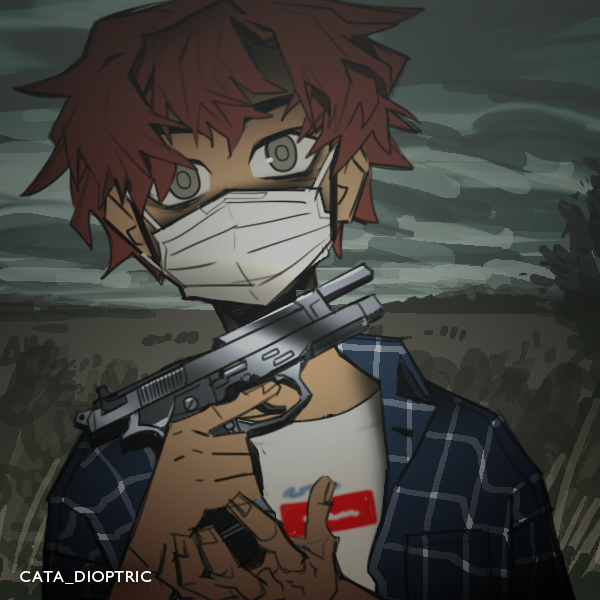 butch lesbian wearing flannel and a face mask holding a gun