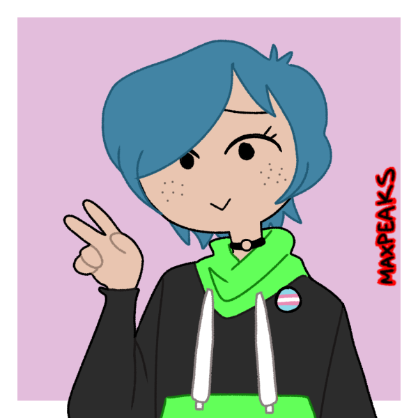 blue-haired girl with transgender pride pin holding peace sign up
