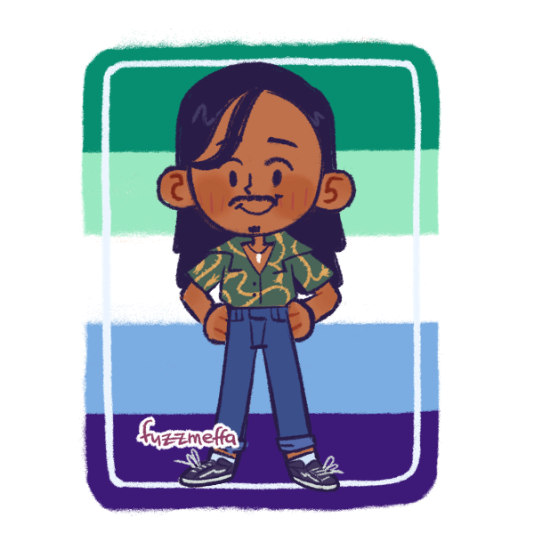 man standing with hands on hips in front of gay male pride flag