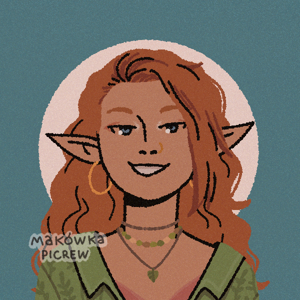feminine tan elf with long wavy hair and hoop earrings