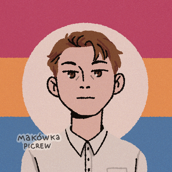 short-haired stoic man in front of pansexual pride flag